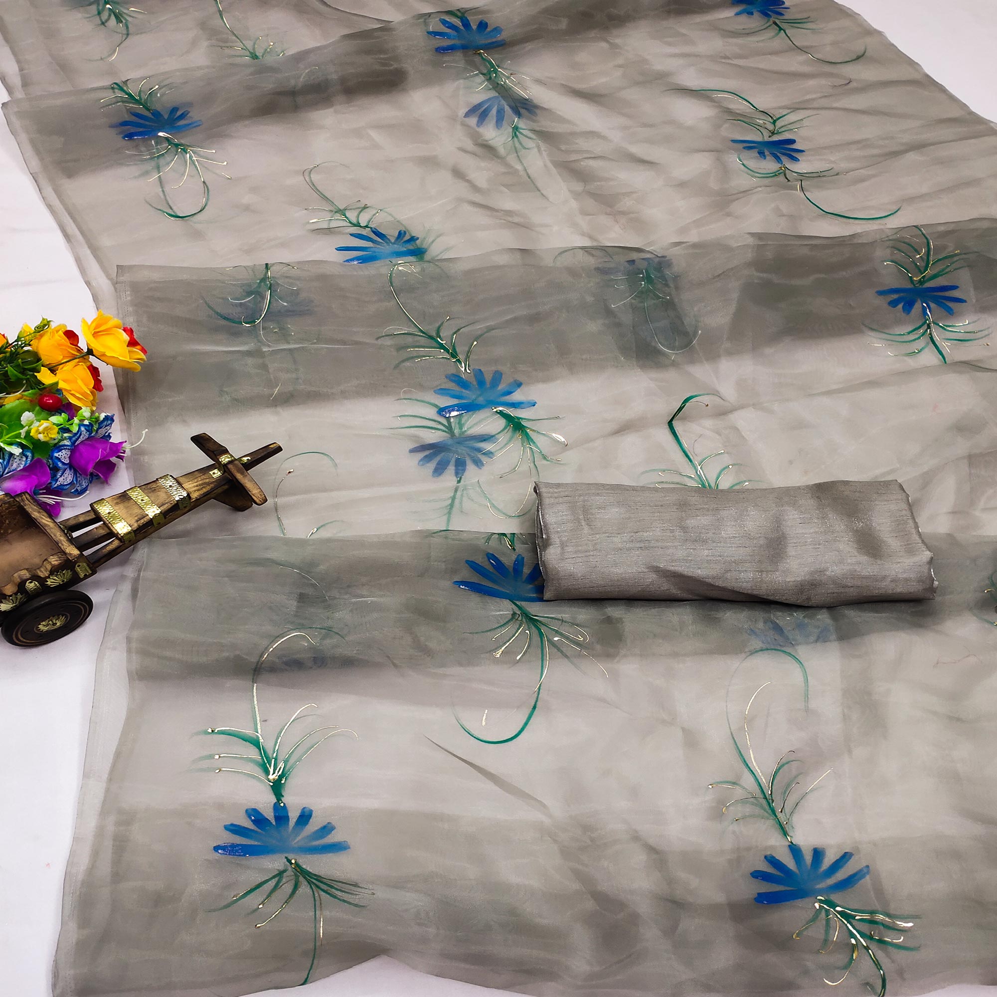 Grey Hand Printed Organza Saree