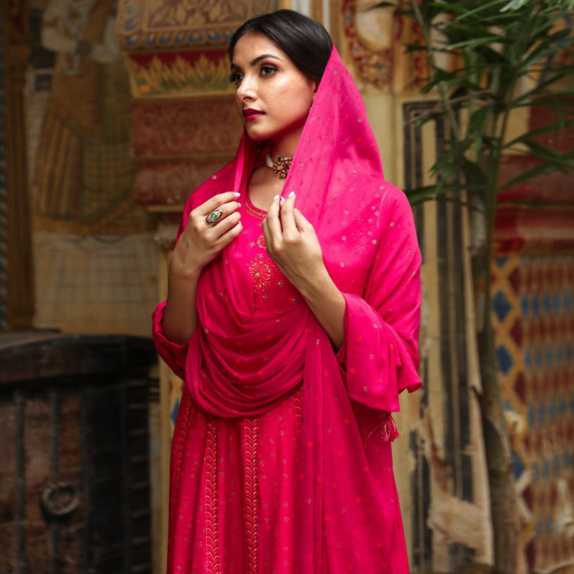 Pink Printed & Embroidered Rayon Anarkali Suit