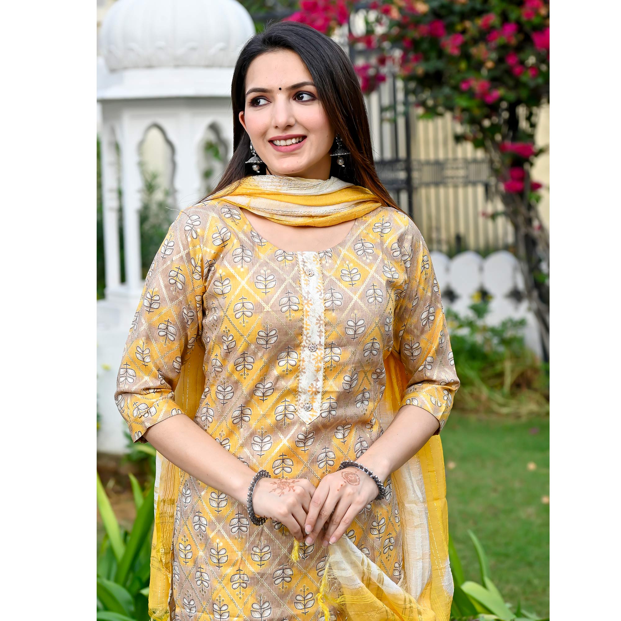 Yellow Floral Foil Printed Rayon Suit