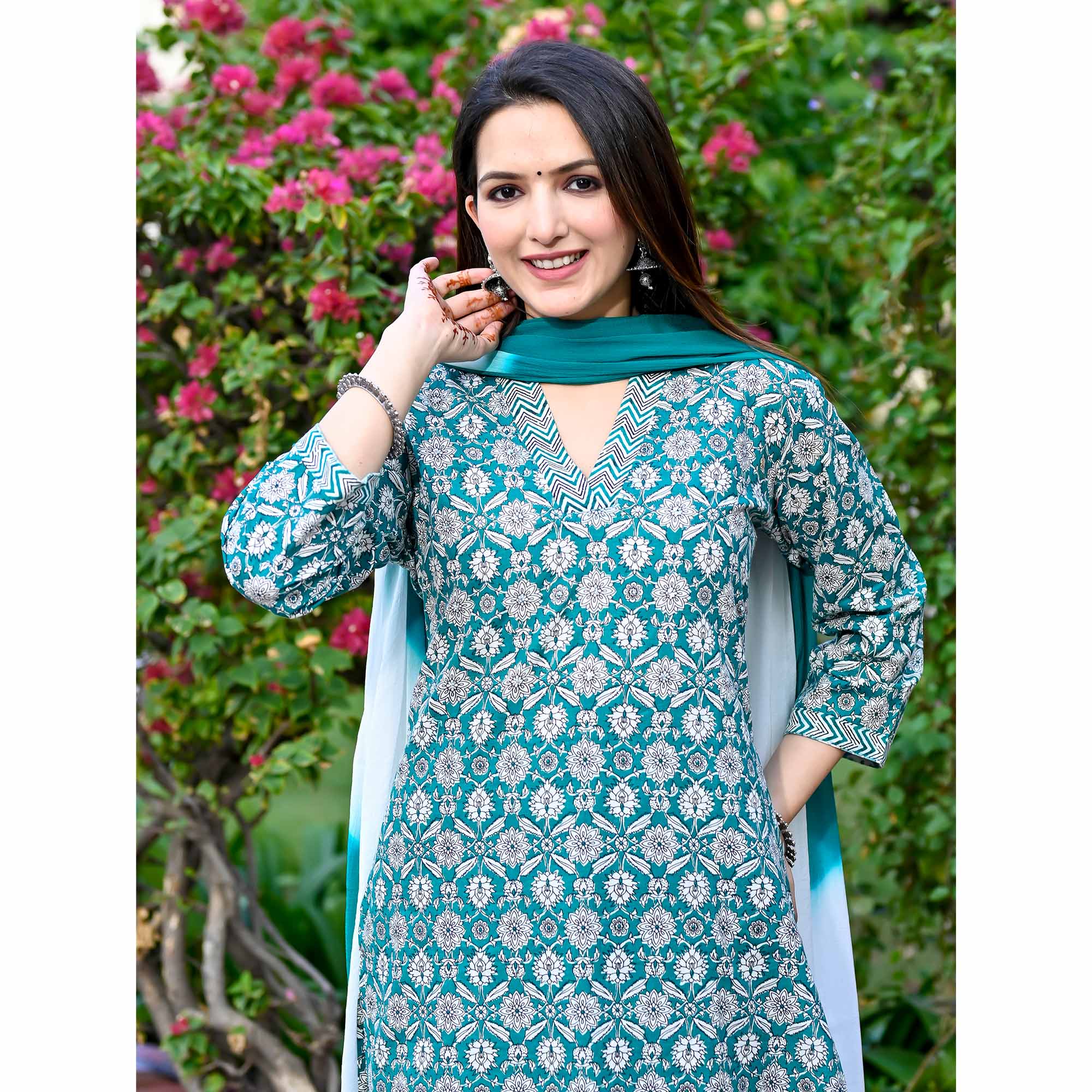 Green Floral Printed Pure Cotton Salwar Suit