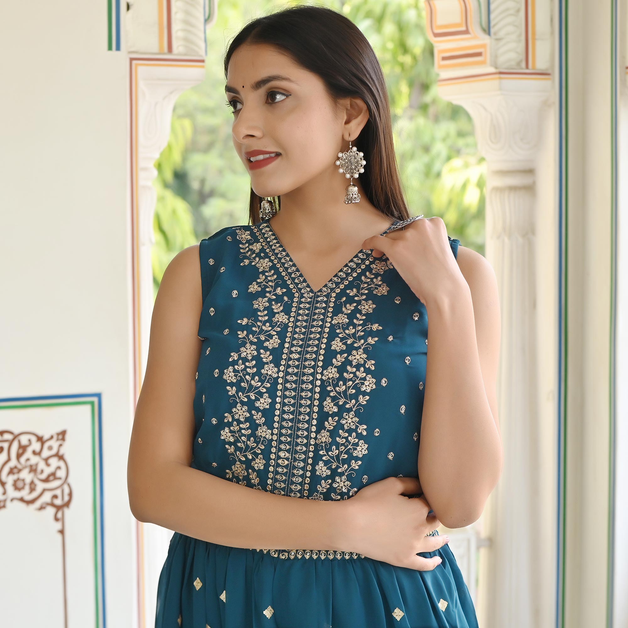 Blue Sequins Embroidered Georgette Jumpsuit