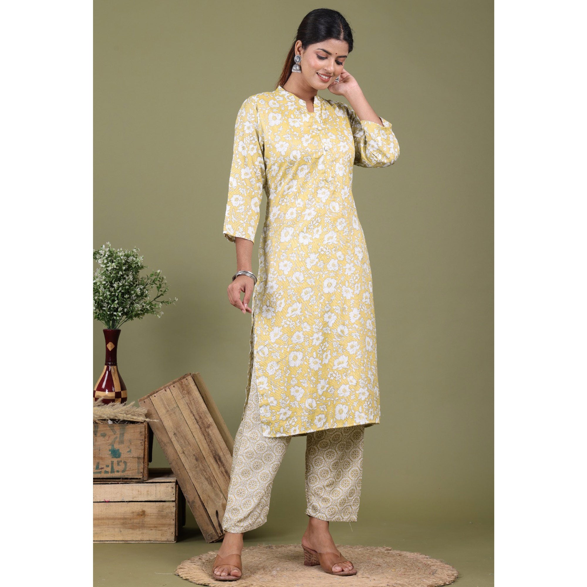 Yellow Floral Foil Printed Rayon Suit