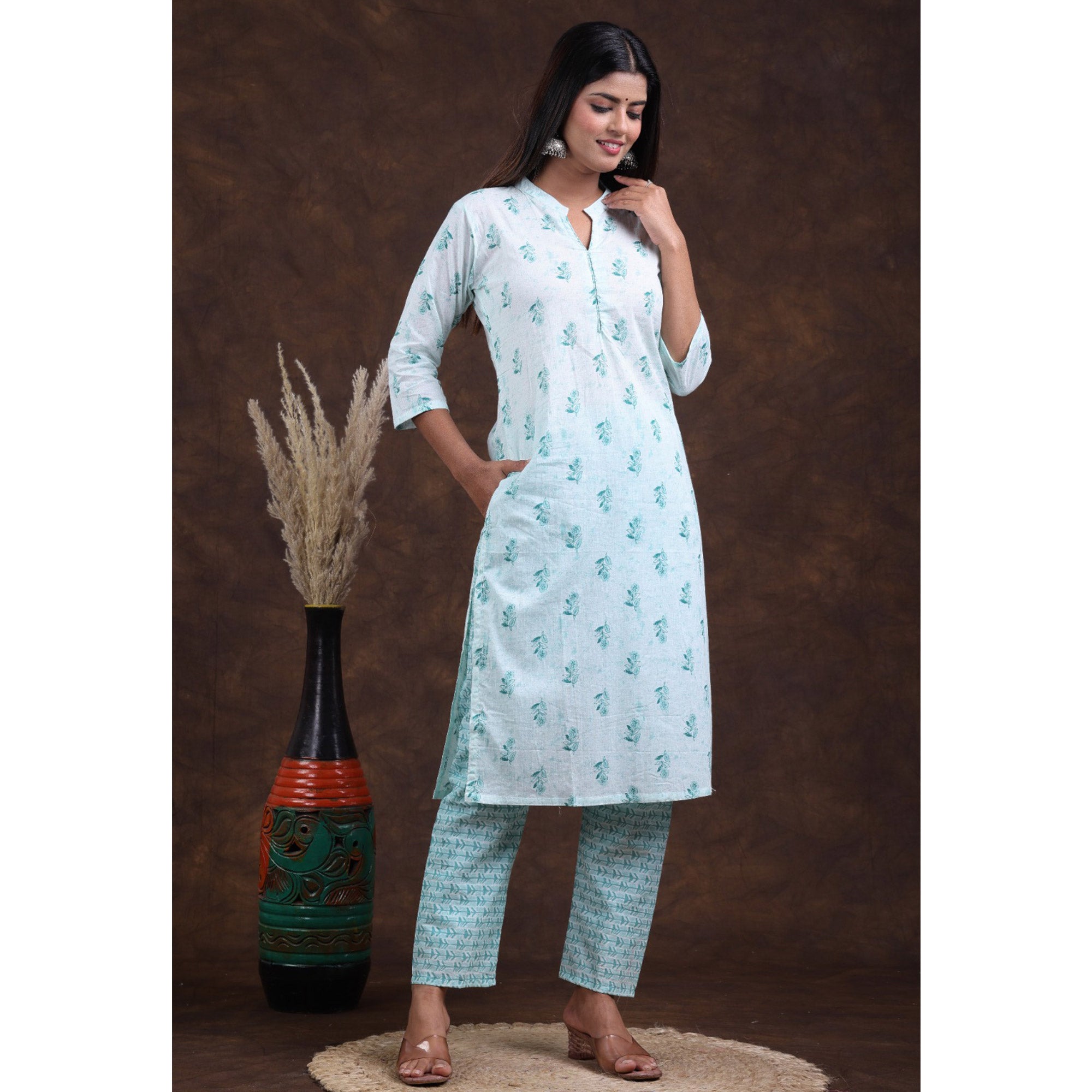 White-Rama Blue Jaipuri Printed Pure Cotton Suit