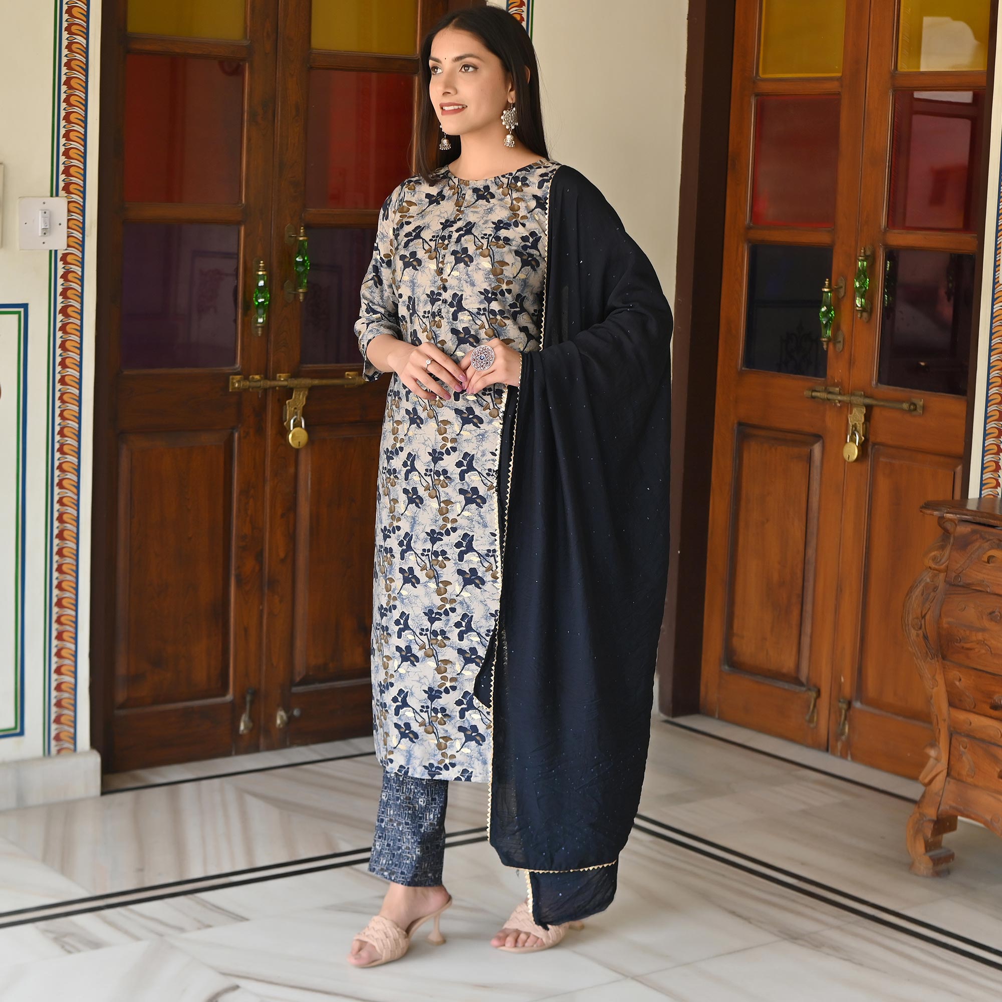Blue Printed Chanderi Salwar Suit