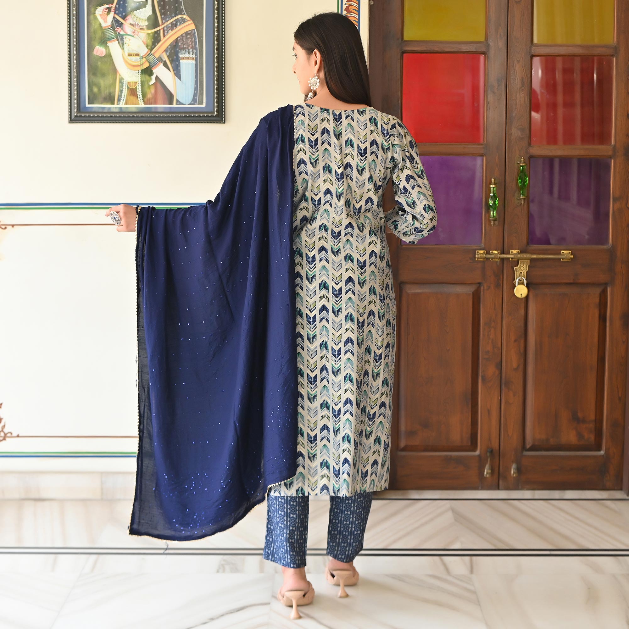 Blue Printed Chanderi Salwar Suit