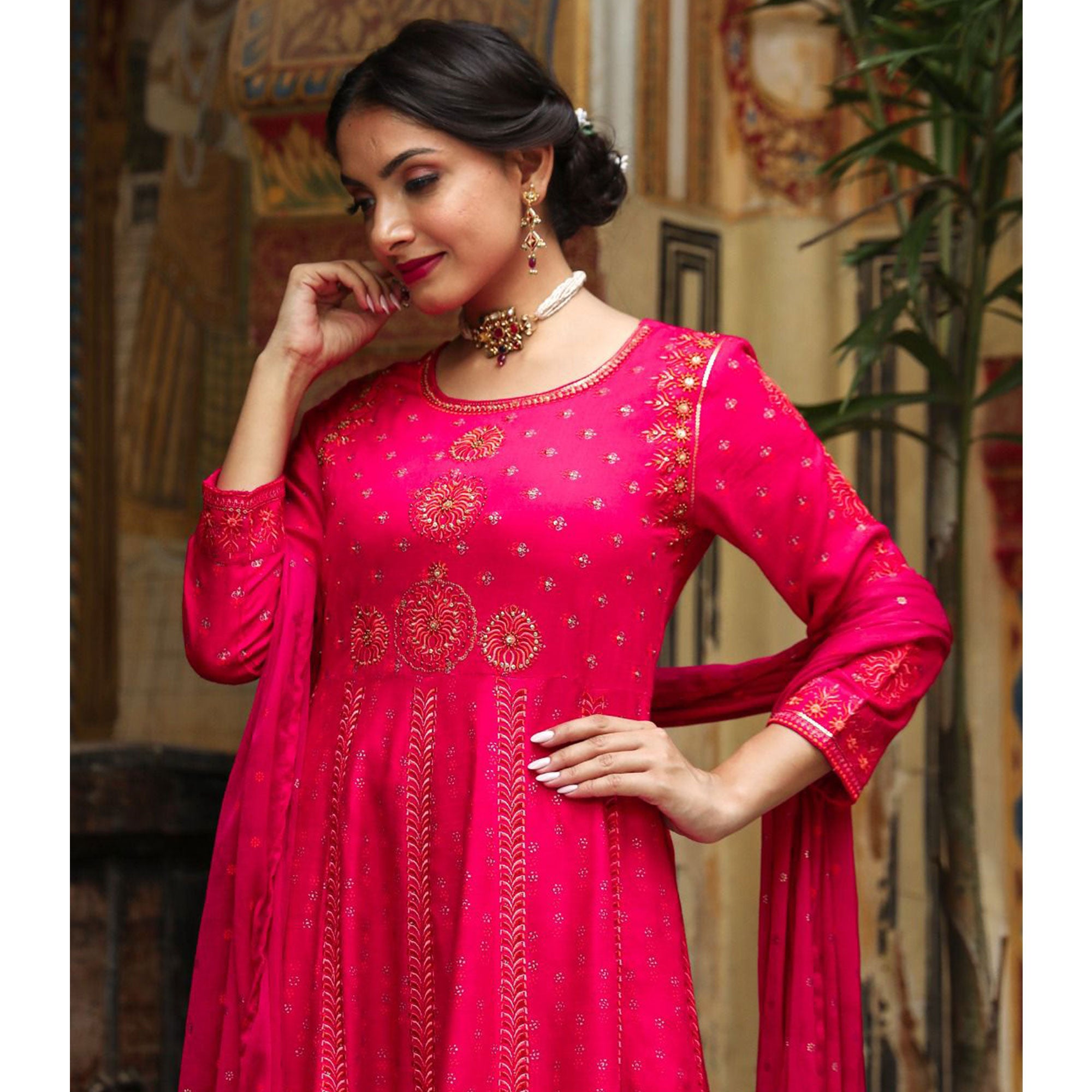 Pink Printed & Embroidered Rayon Anarkali Suit