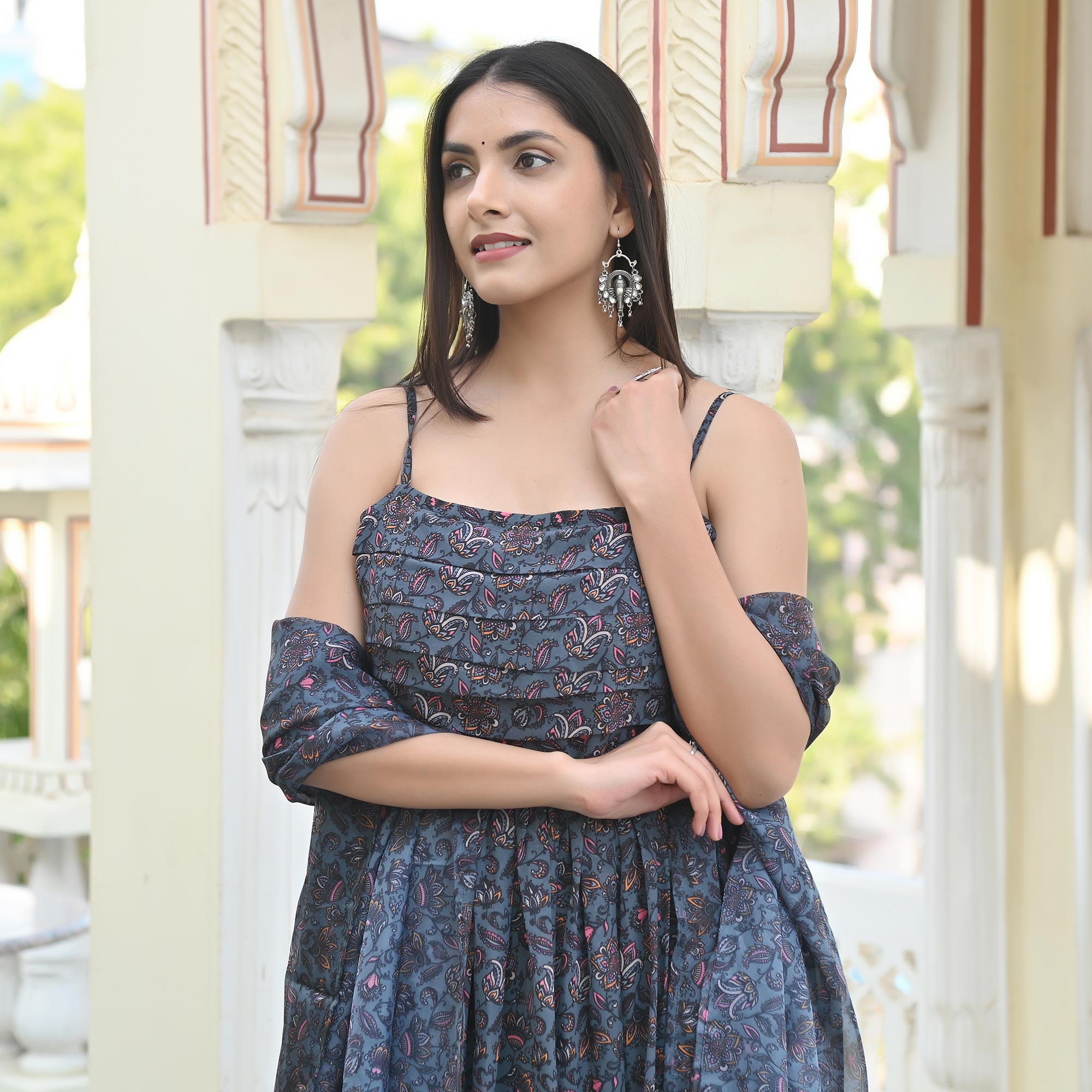 Grey Floral Digital Printed Georgette Gown