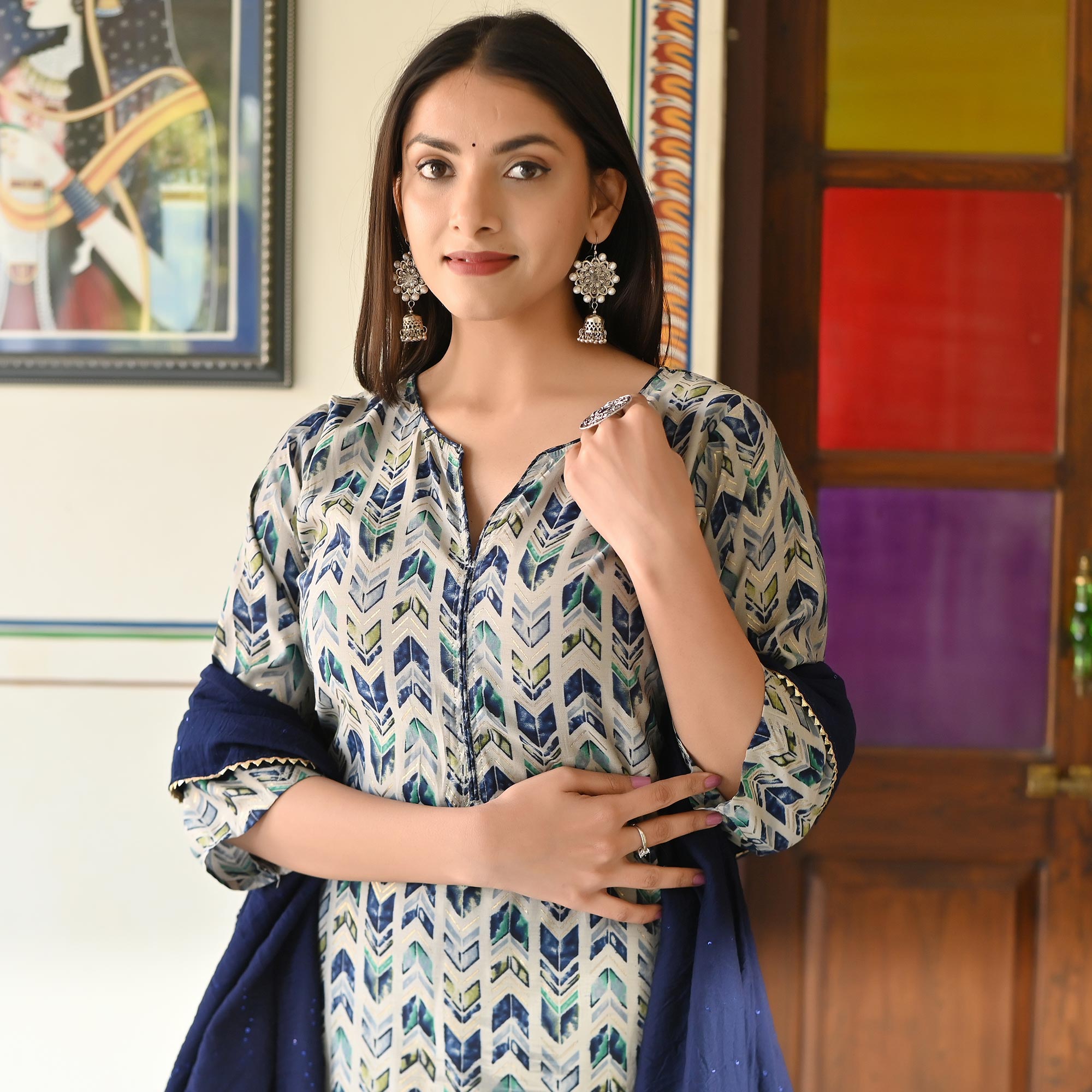 Blue Printed Chanderi Salwar Suit