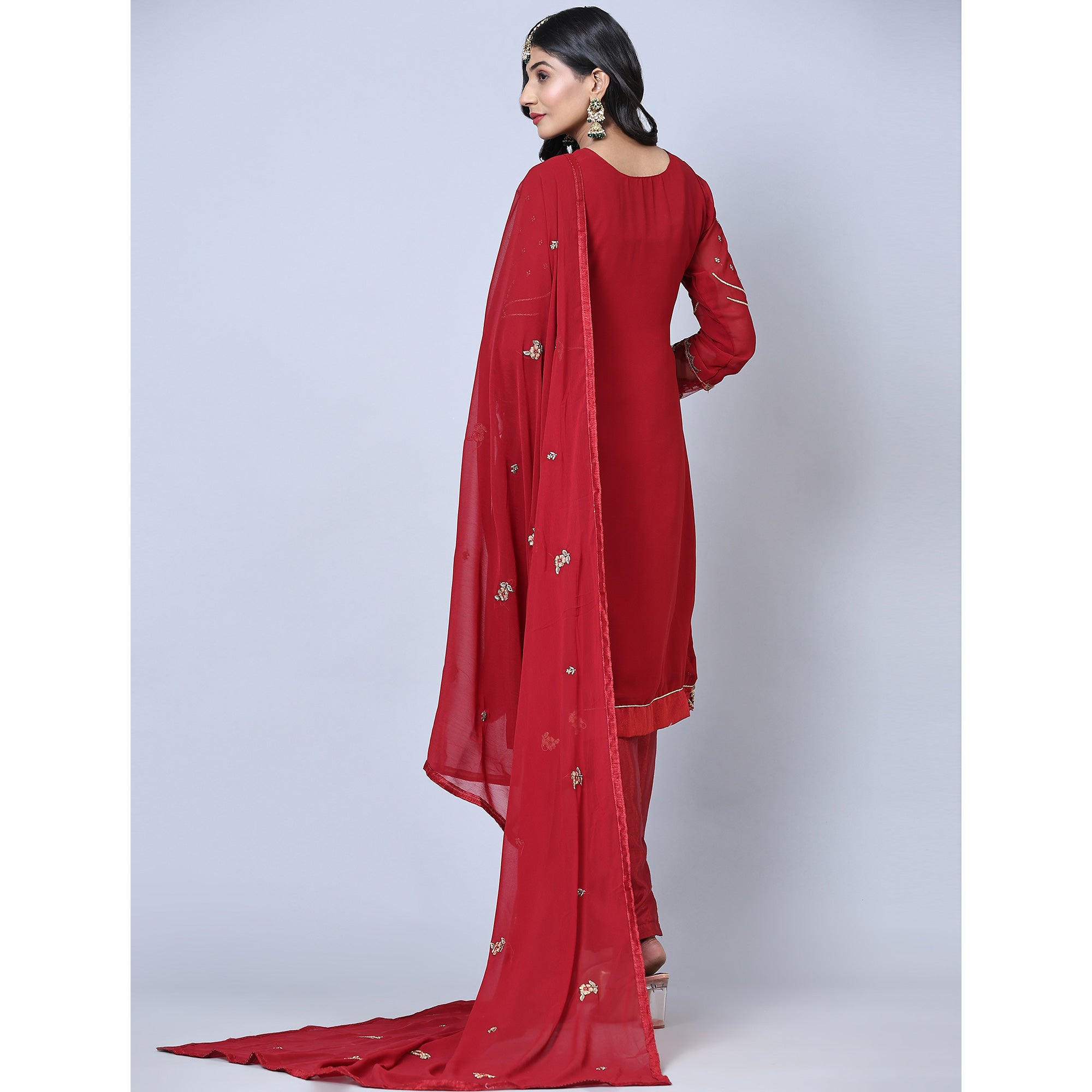 Maroon Embroidered Gerorgette Straight Partywear Suit