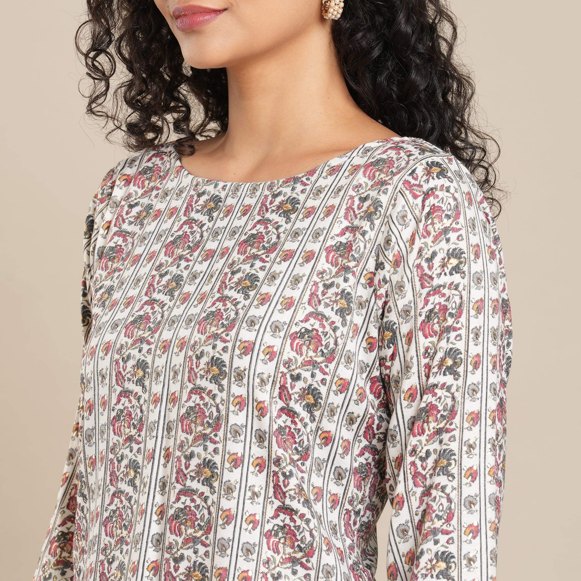 Grey Floral Foil Printed Rayon Top