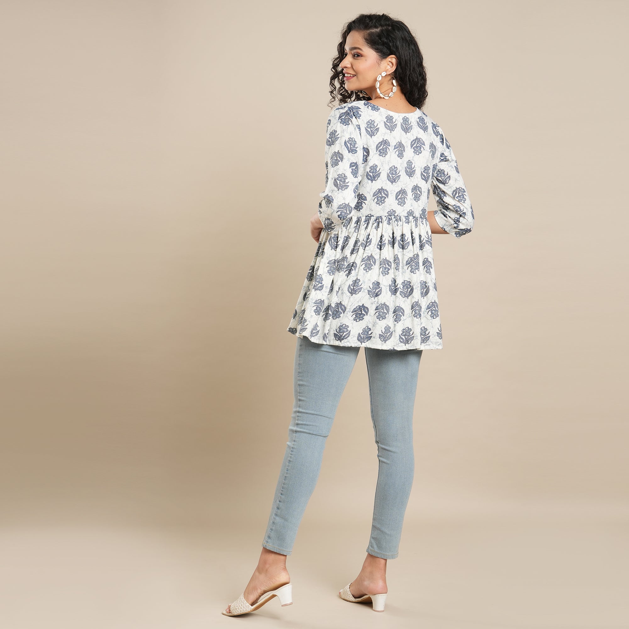 Blue Floral Foil Printed Rayon Top