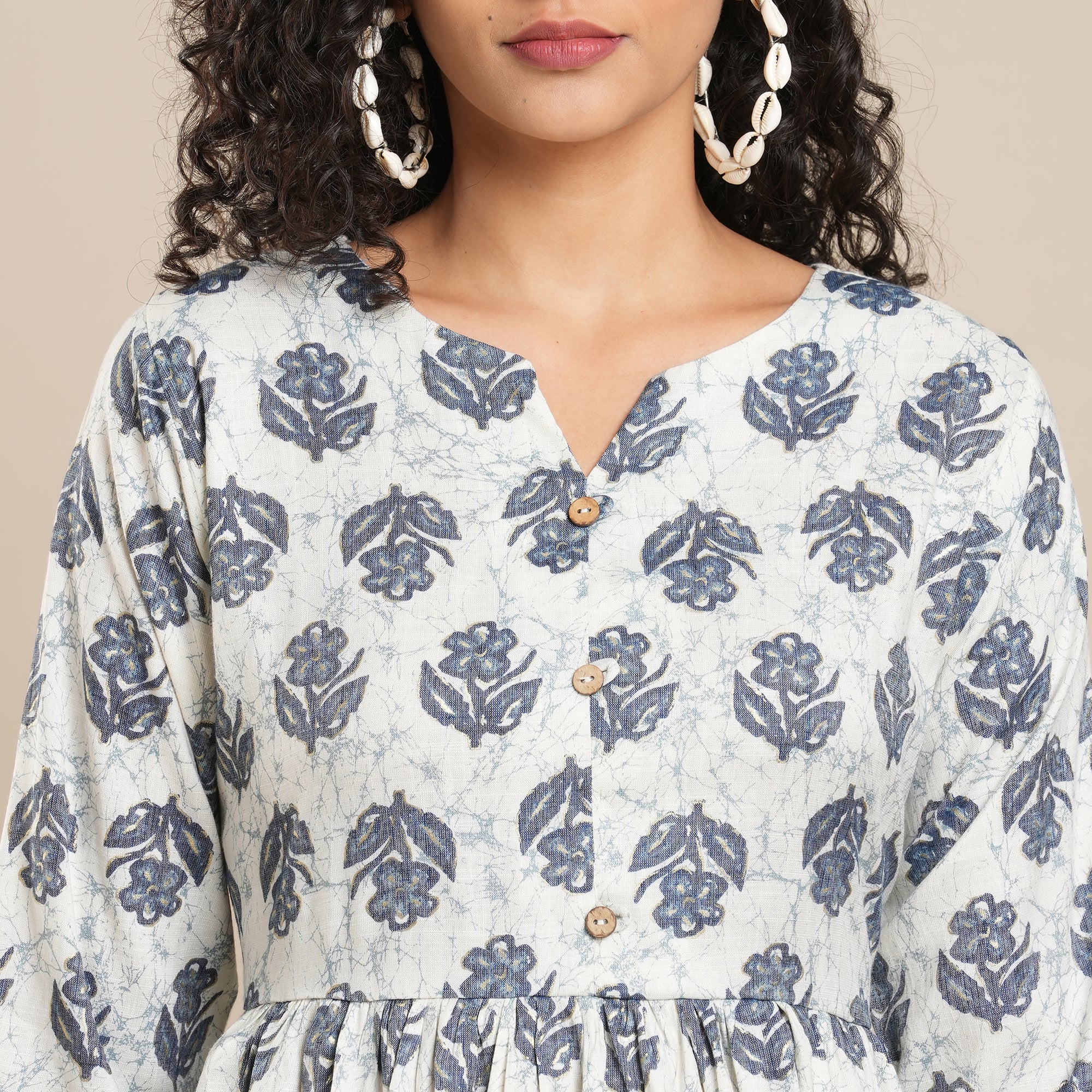 Blue Floral Foil Printed Rayon Top