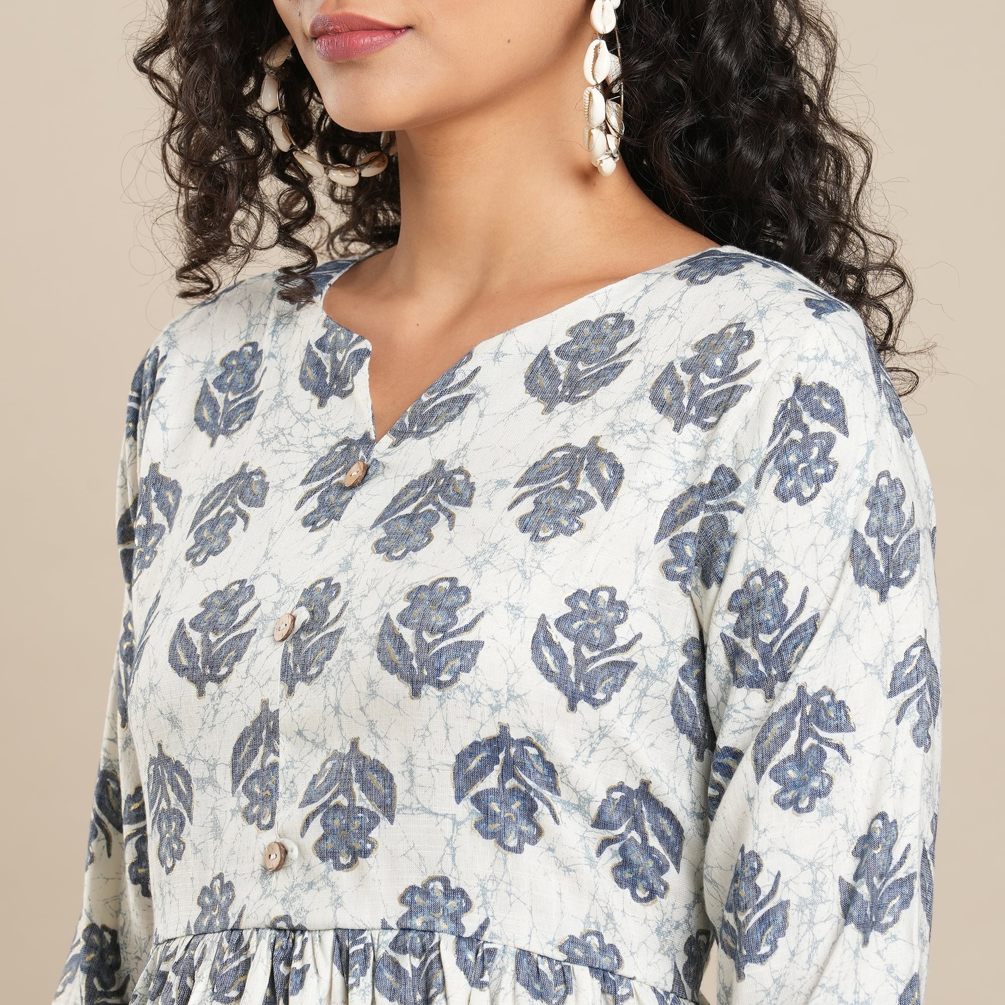 Blue Floral Foil Printed Rayon Top