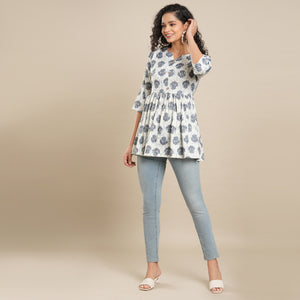 Blue Floral Foil Printed Rayon Top