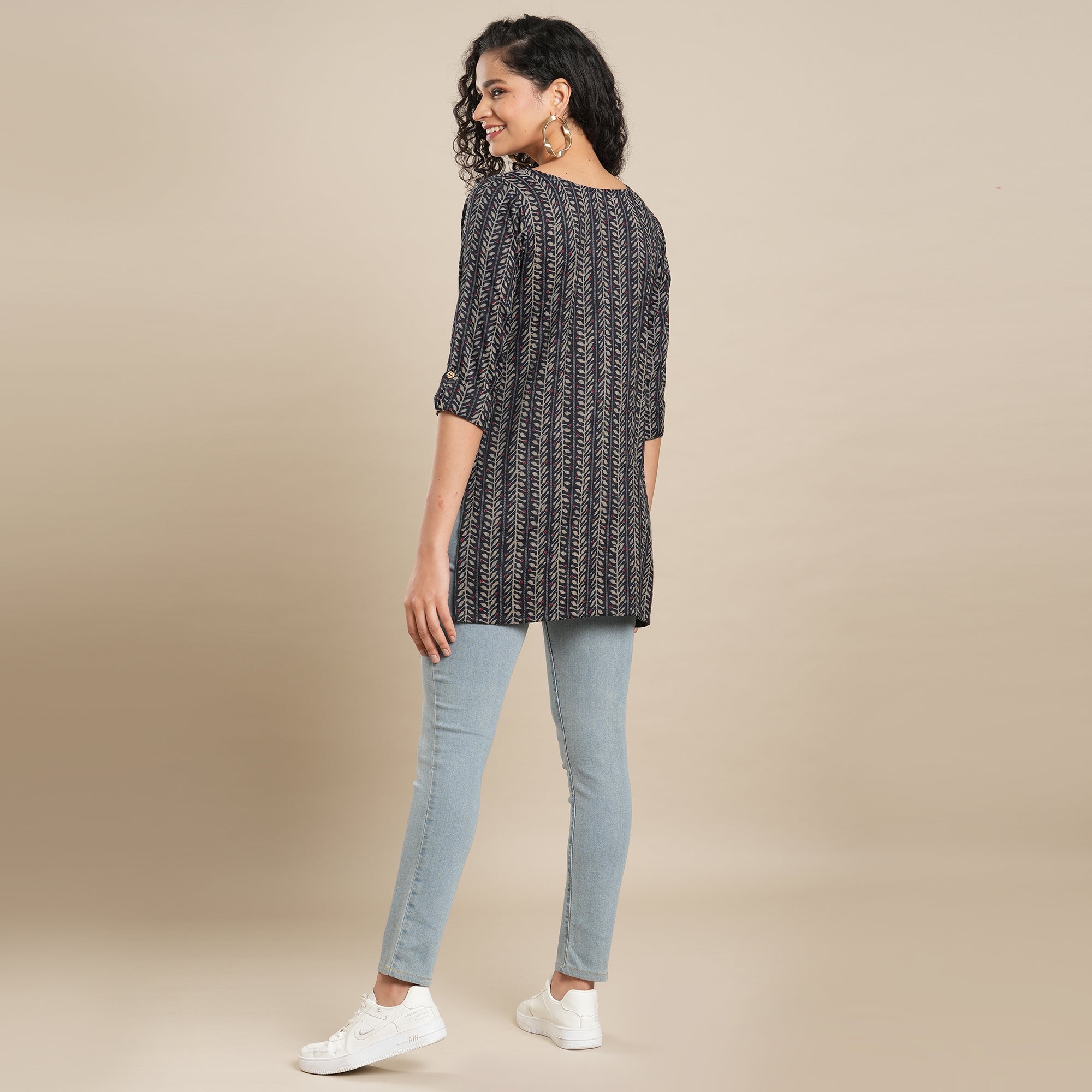 Navy Blue Printed Rayon Top