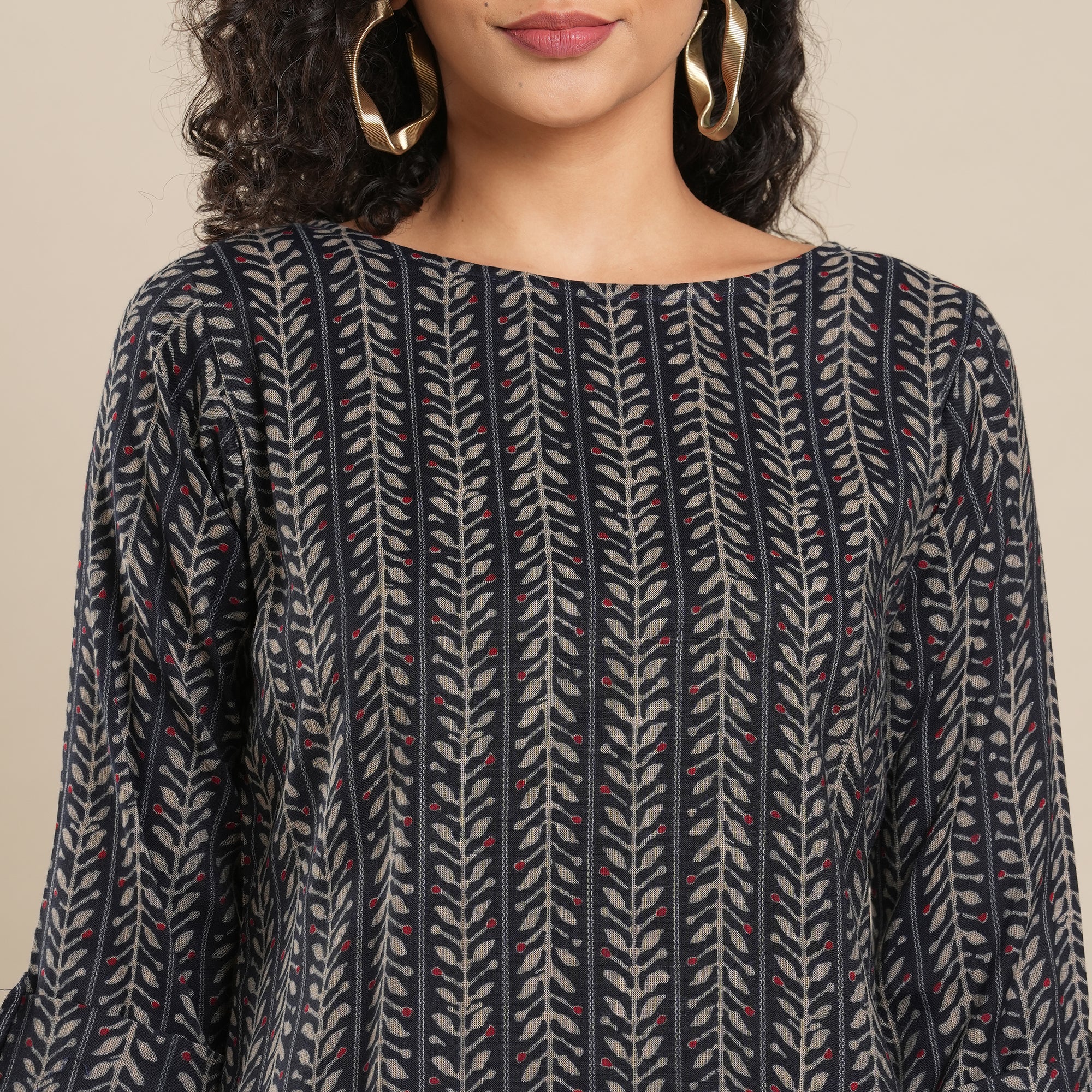 Navy Blue Printed Rayon Top