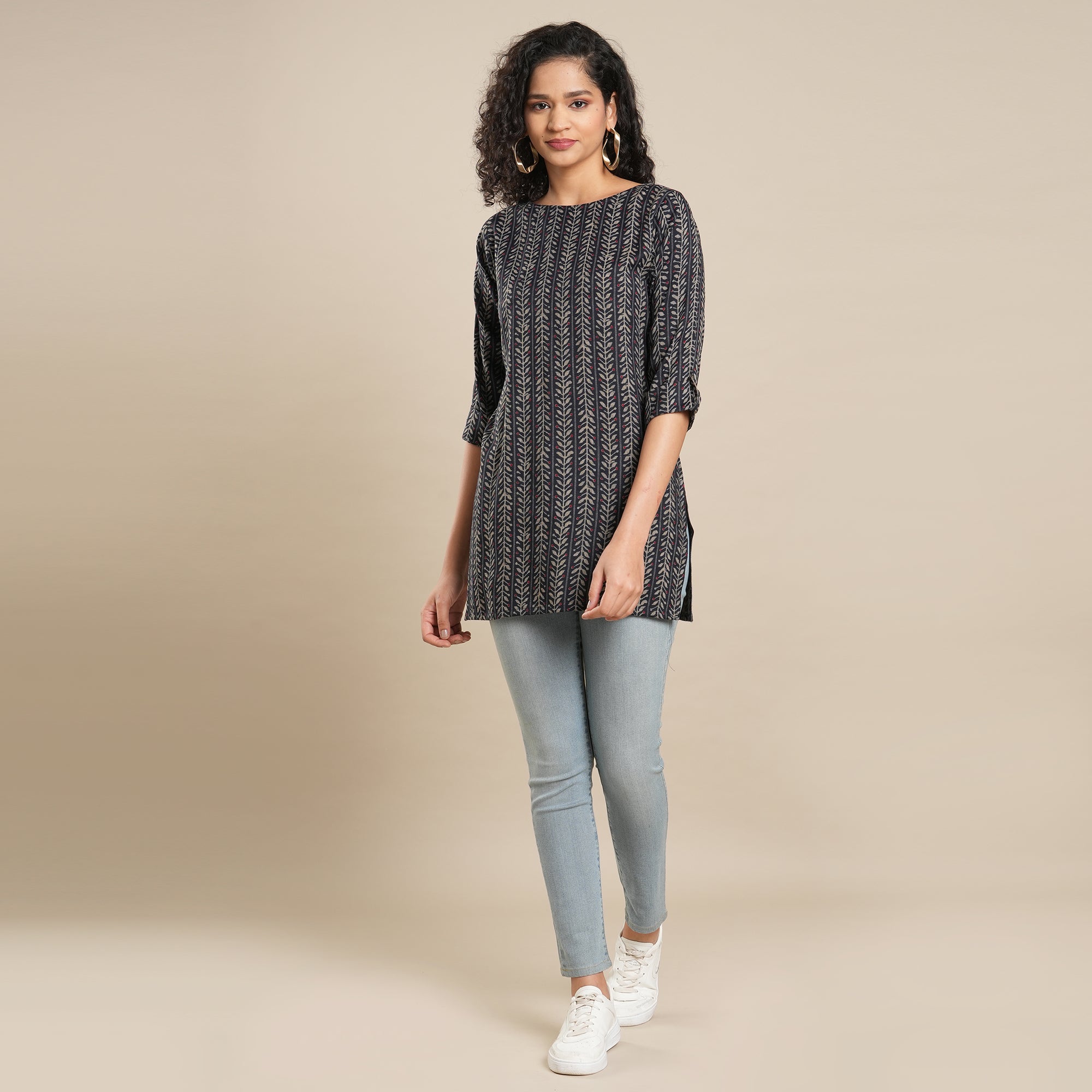 Navy Blue Printed Rayon Top