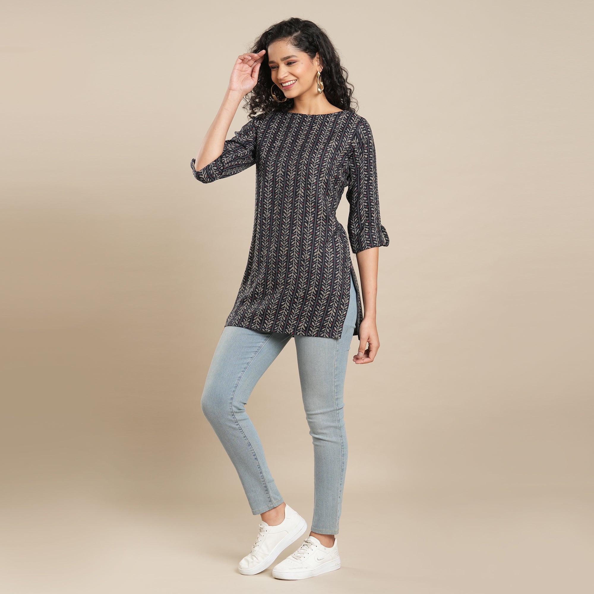 Navy Blue Printed Rayon Top
