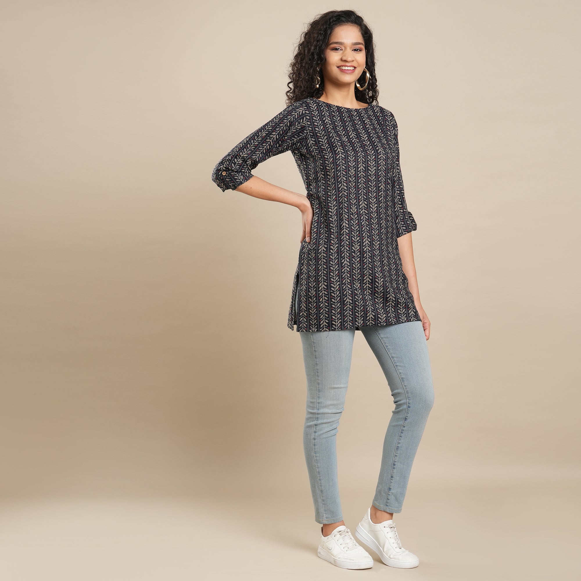 Navy Blue Printed Rayon Top
