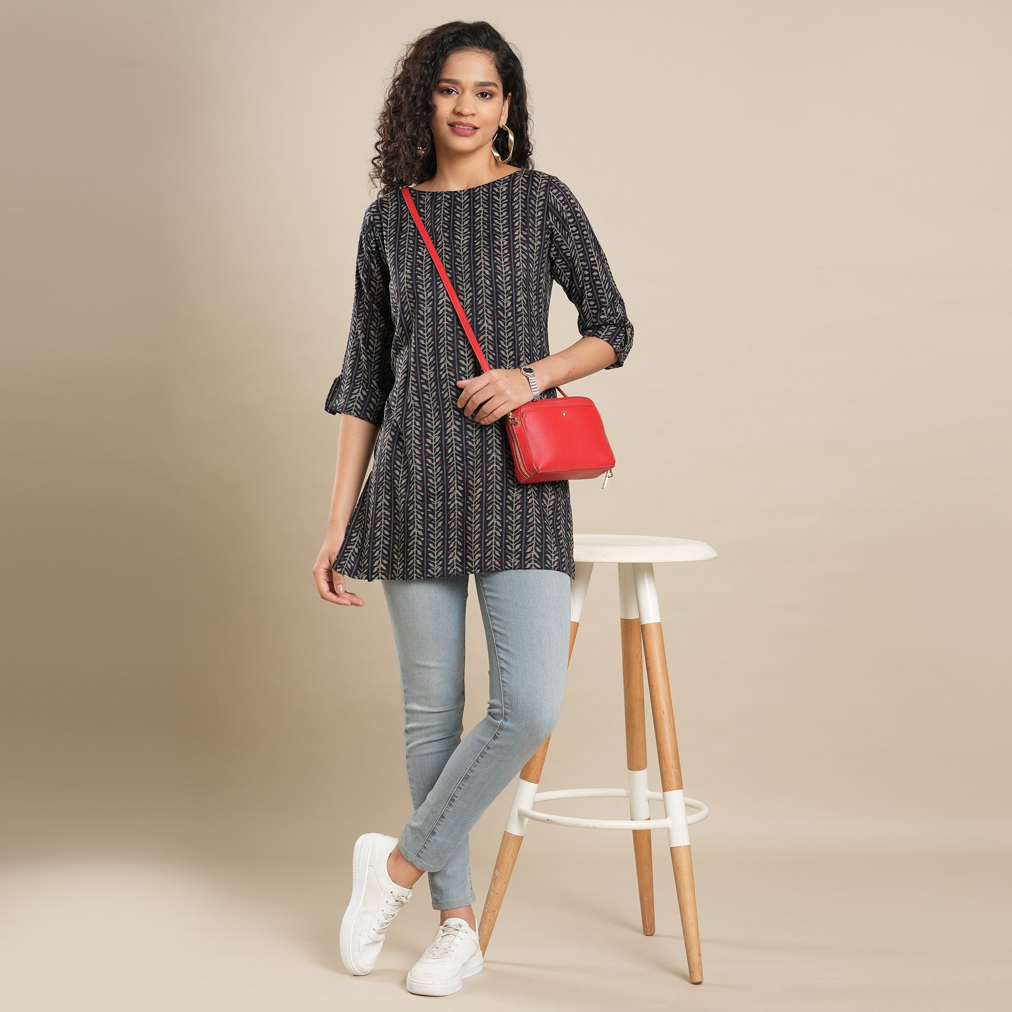 Navy Blue Printed Rayon Top