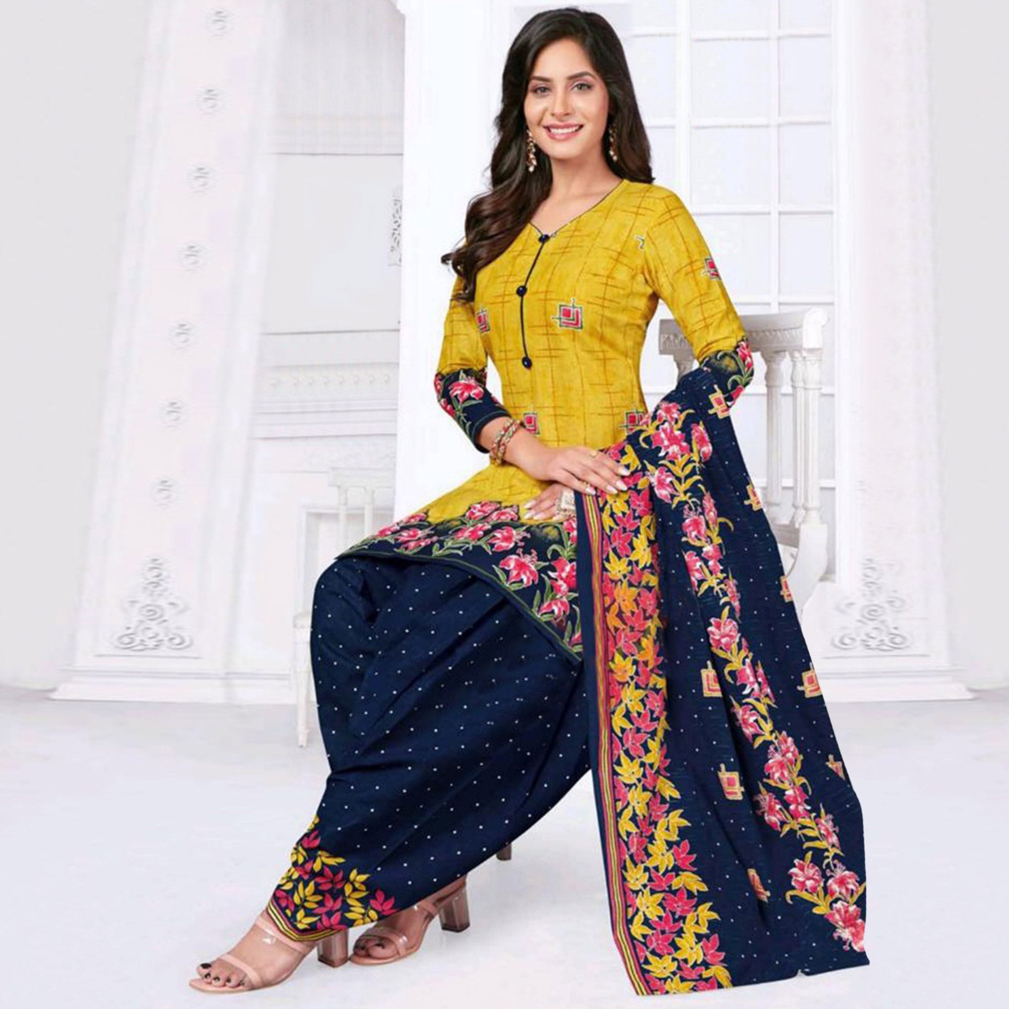 Multicolor Printed Crepe & Leon Patiala Dress Material Pack Of 3