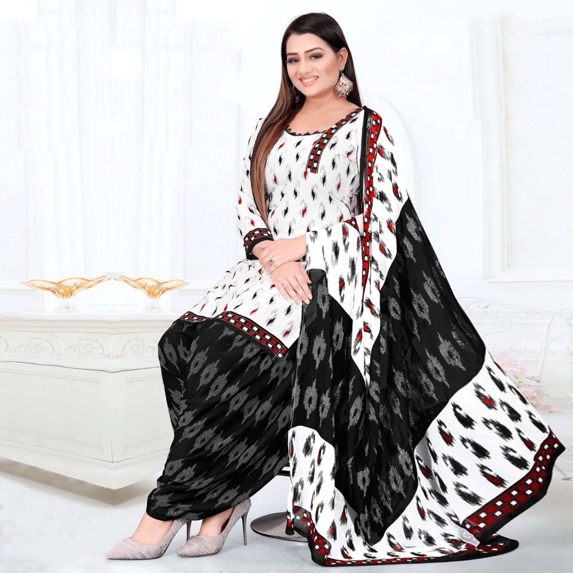 Multicolor And White Printed Crepe Patiala Dress Material Pack Of 2