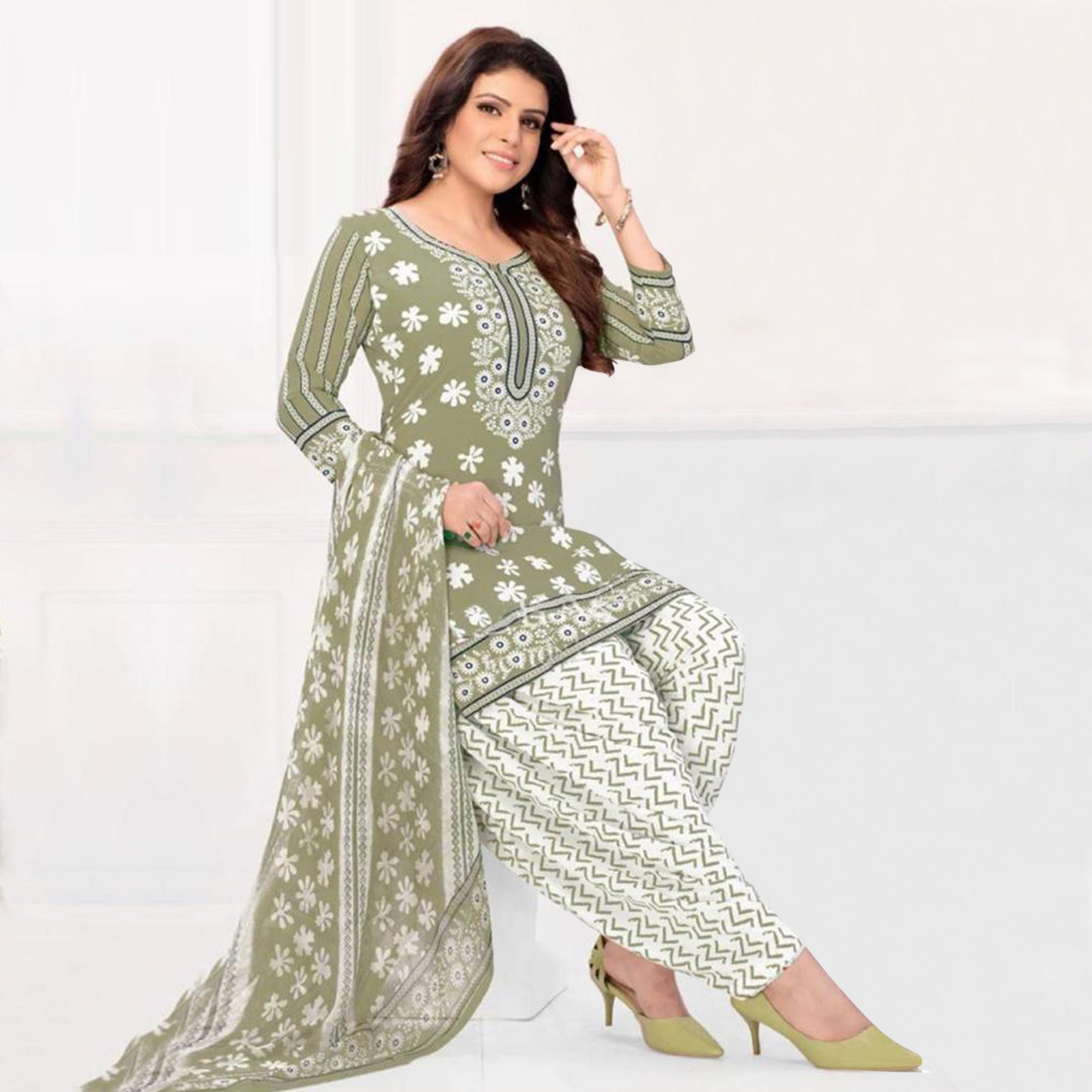 Black And Pastel Green Printed Leon & Crepe Patiala Dress Material Pack Of 2