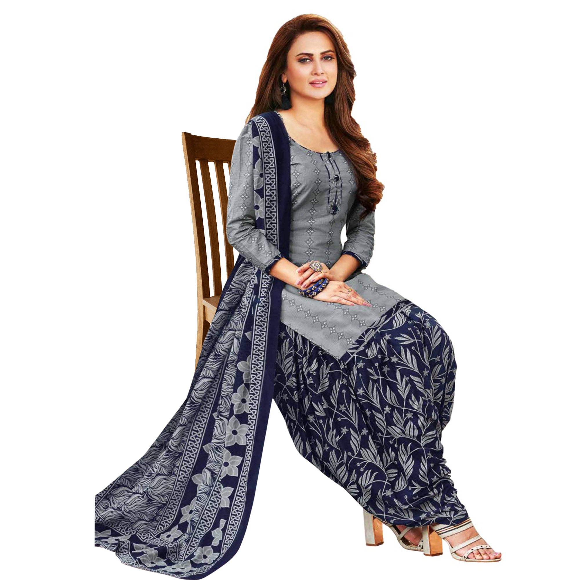Grey And Dark Brown Printed Crepe & Leon Patiala Dress Material Pack Of 2