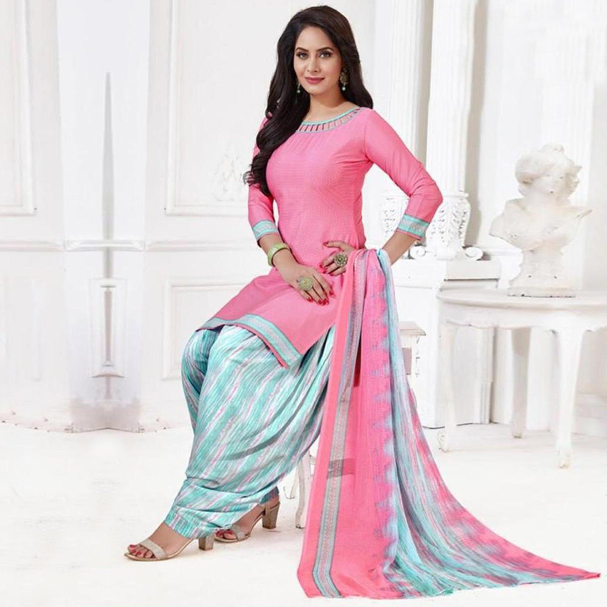 Pink - Beige Printed Leon & Crepe Patiala Dress Material - Pack Of 2