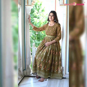 Green Jaipuri Printed Georgette Gown