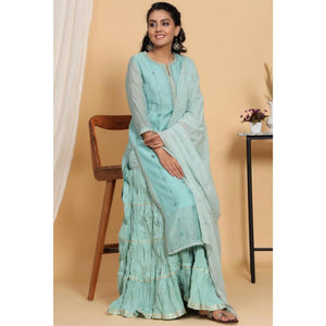Aariya Designs - Aqua Blue Coloured Party Wear Embroidered Cotton Silk Kurti-Sharara Set With Dupatta - Peachmode