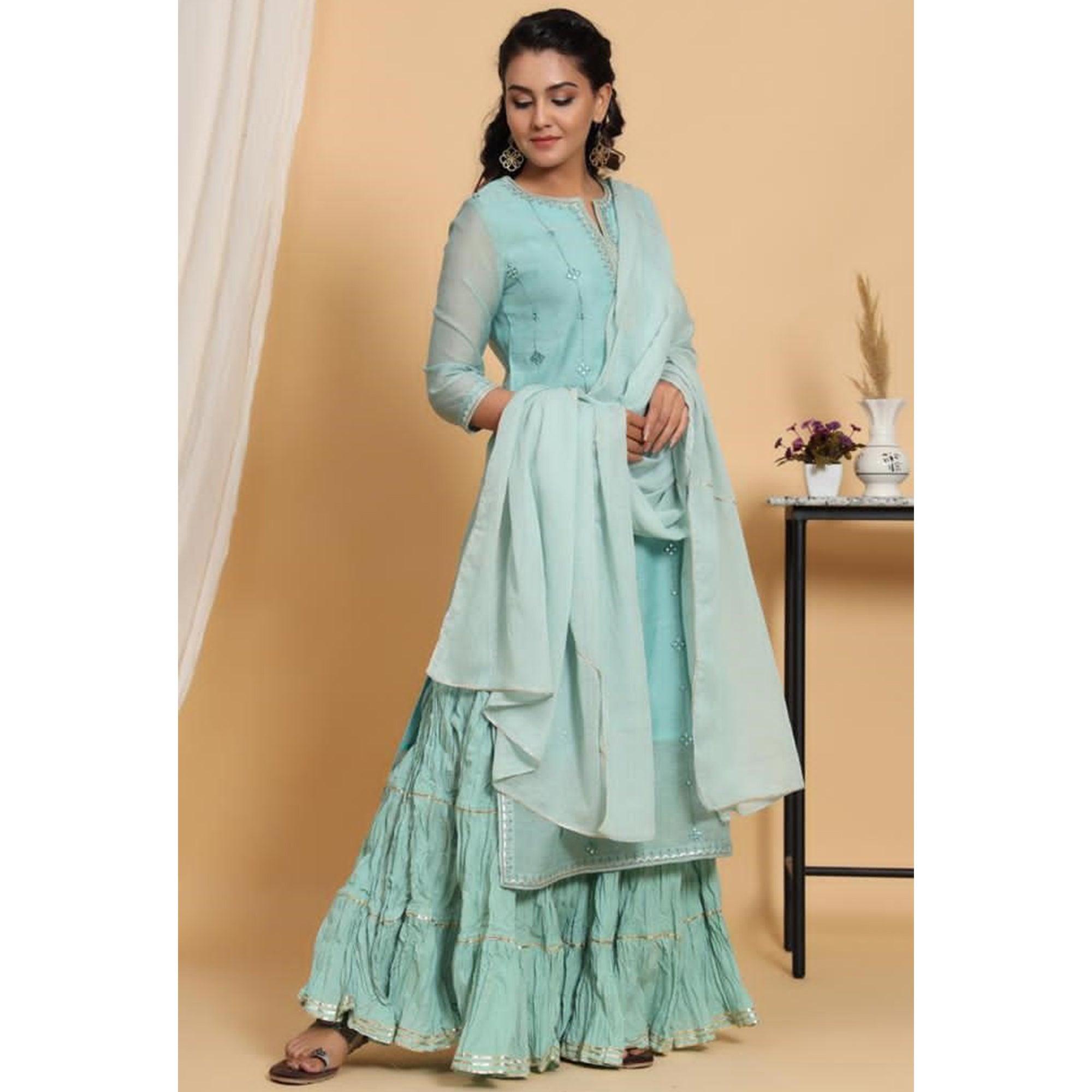 Aariya Designs - Aqua Blue Coloured Party Wear Embroidered Cotton Silk Kurti-Sharara Set With Dupatta - Peachmode