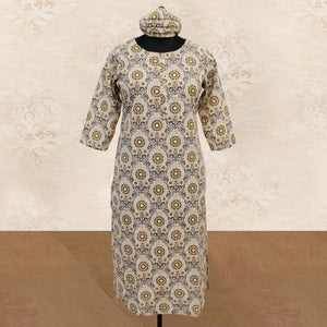 Aariya Designs - Beige-Blue Colored Casual Wear Printed Cotton Kurti - Peachmode