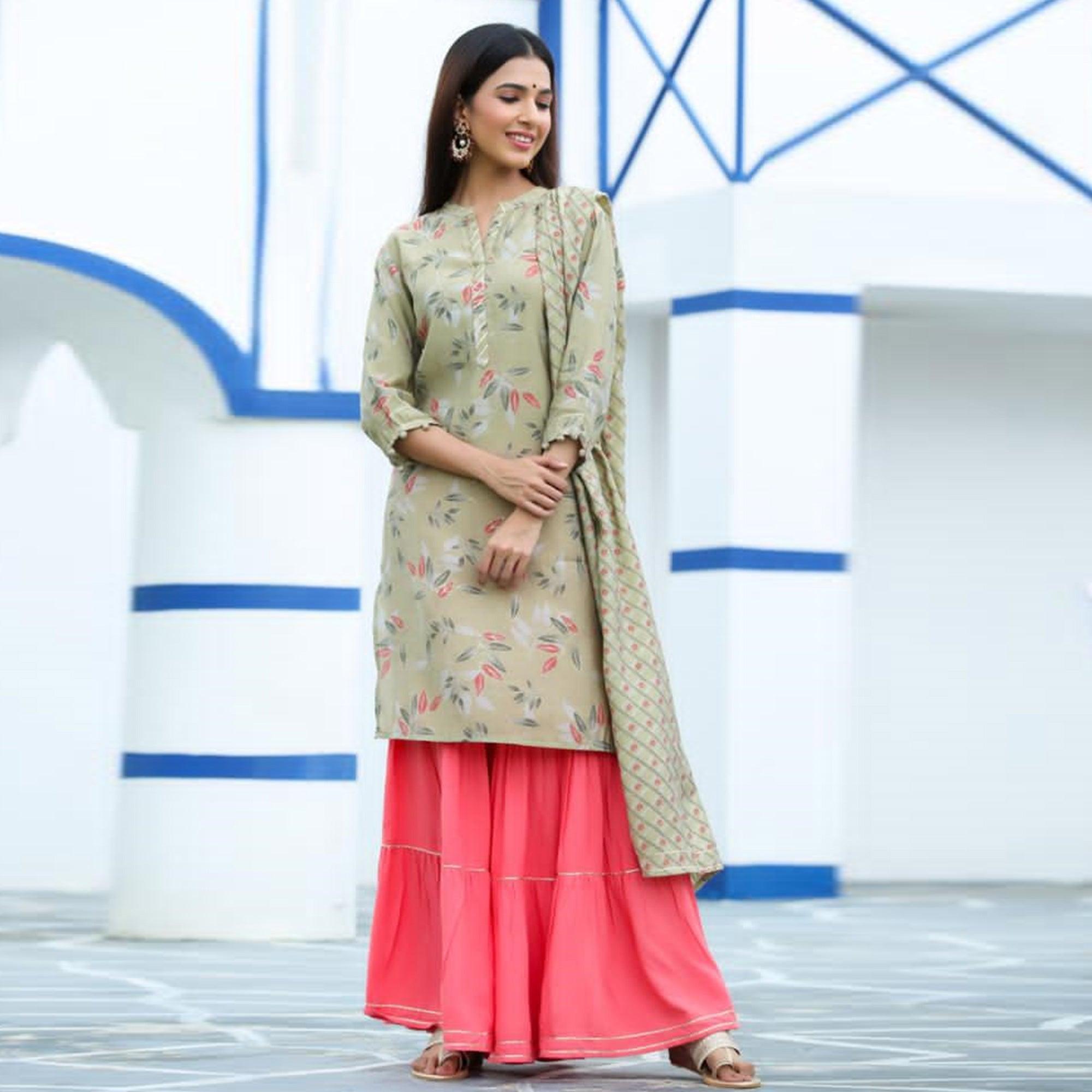 Aariya Designs - Beige Colored Casual Wear Floral Printed Cotton Kurti-Sharara Set With Dupatta - Peachmode