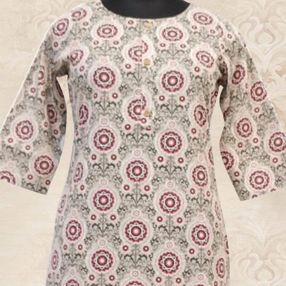 Aariya Designs - Beige-Maroon Colored Casual Wear Printed Cotton Kurti - Peachmode