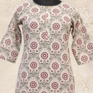 Aariya Designs - Beige-Maroon Colored Casual Wear Printed Cotton Kurti - Peachmode