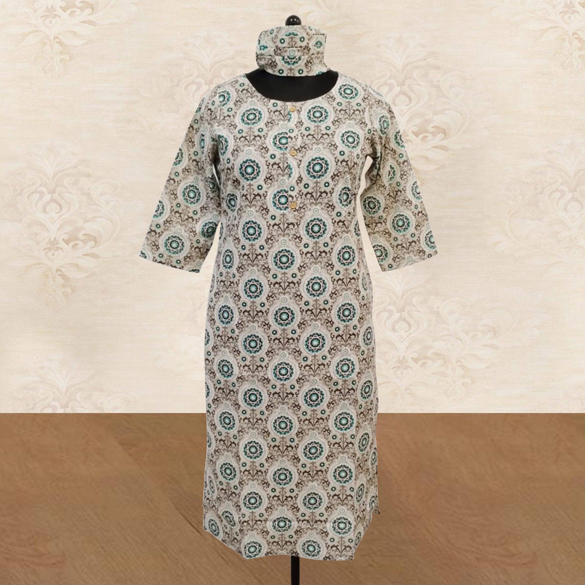 Aariya Designs - Beige-Yellow Colored Casual Wear Printed Cotton Kurti - Peachmode
