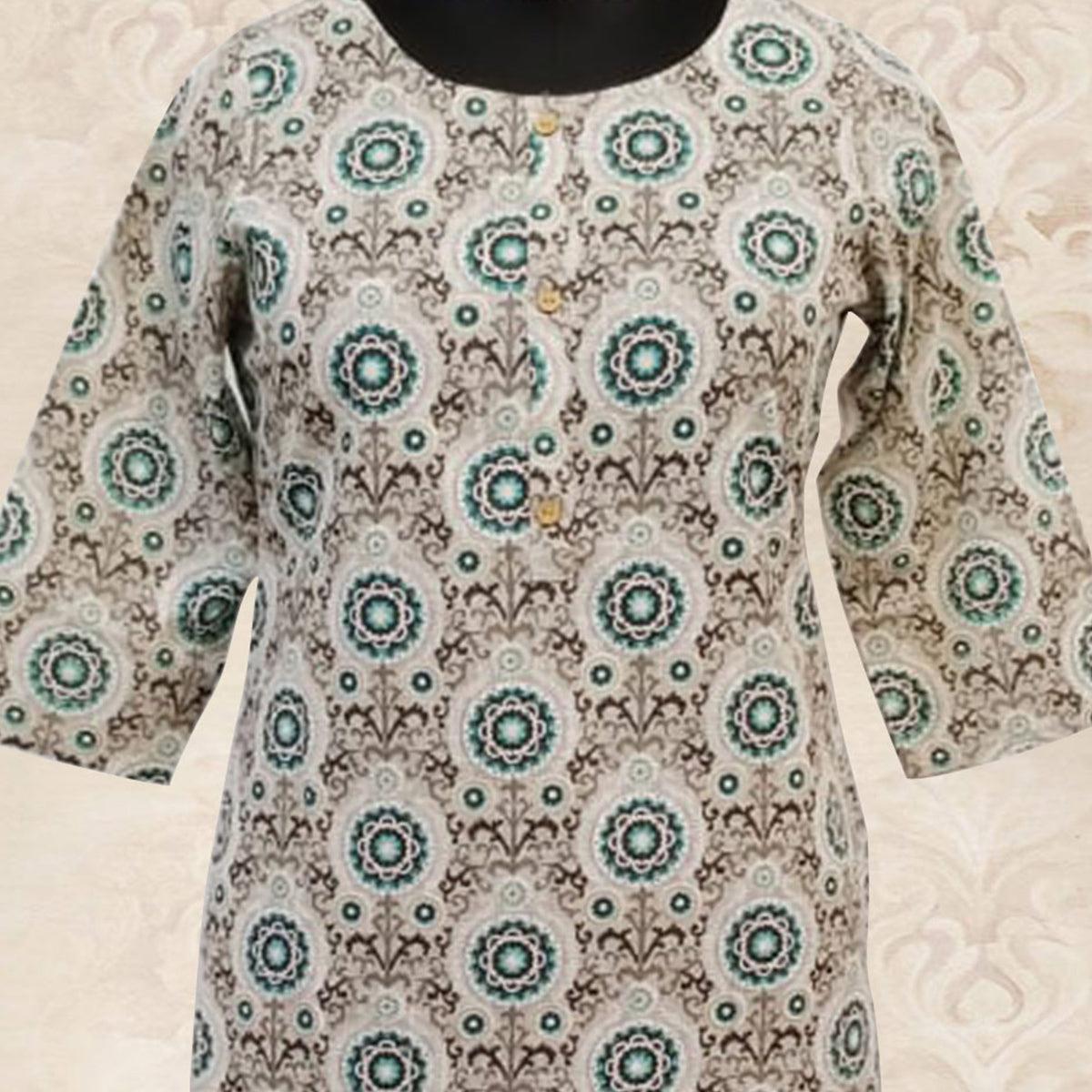 Aariya Designs - Beige-Yellow Colored Casual Wear Printed Cotton Kurti - Peachmode