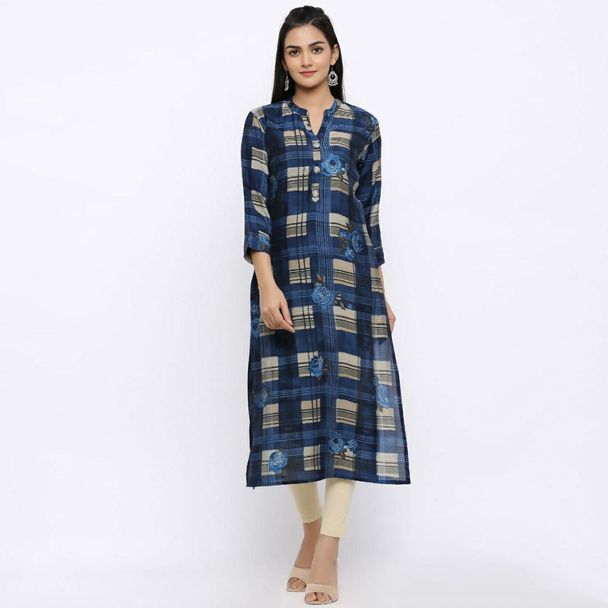 Aariya Designs - Blue Colored Casual Wear Check Printed Cotton Silk Kurti - Peachmode