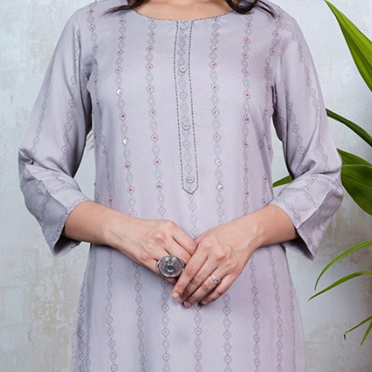 Aariya Designs - Grey Colored Casual Wear Geometric Printed Rayon Kurti - Peachmode