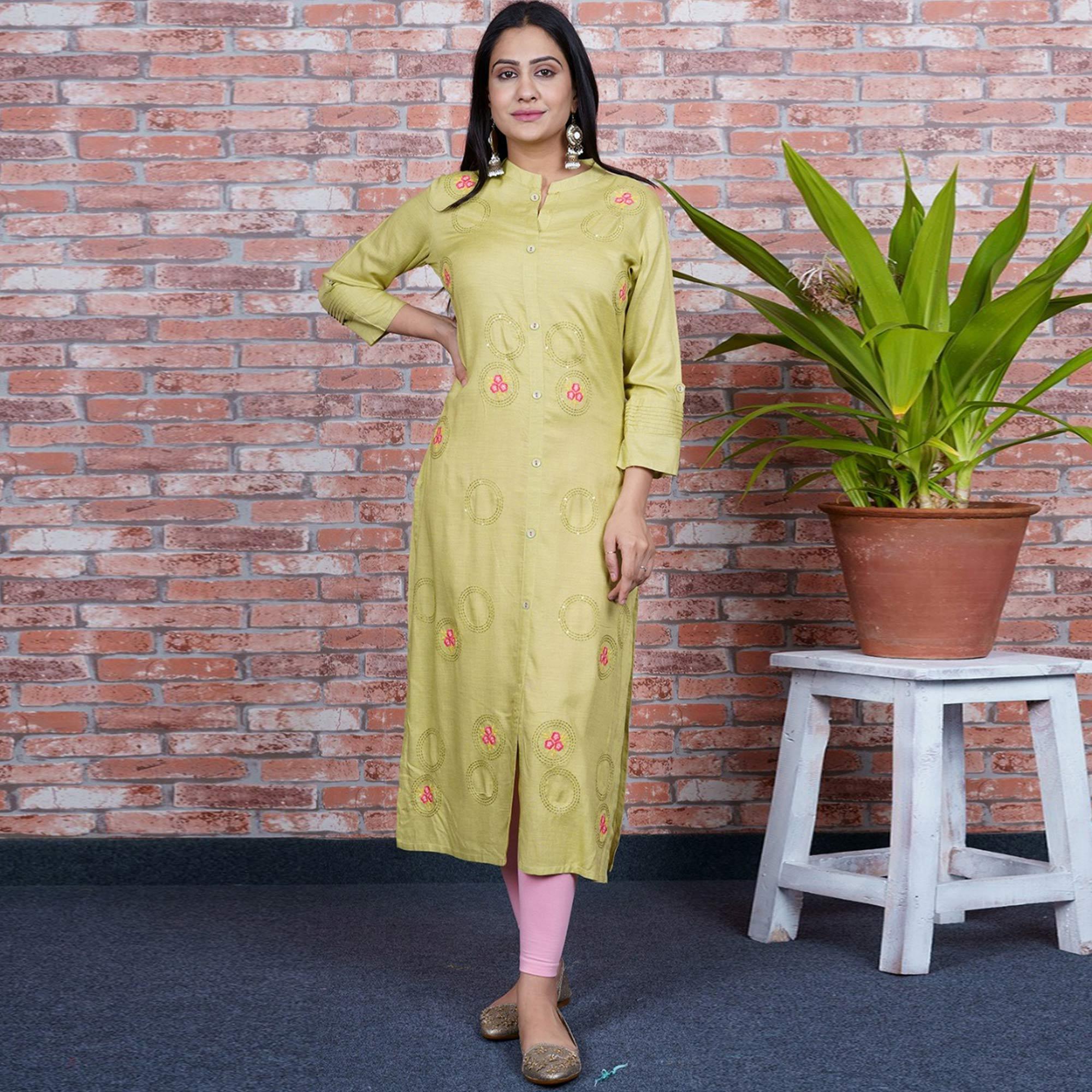 Aariya Designs - Light Olive Green Colored Casual Wear Embroidered Cotton Kurti - Peachmode