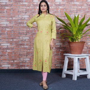 Aariya Designs - Light Olive Green Colored Casual Wear Embroidered Cotton Kurti - Peachmode