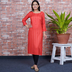 Aariya Designs - Red Colored Casual Wear Stripe Printed Rayon Kurti - Peachmode