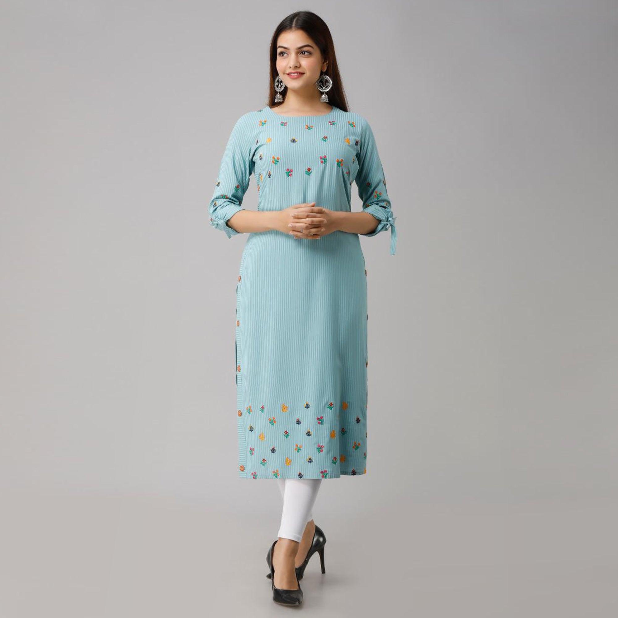 Aariya Designs - Sky Blue Colored Casual Floral Embroidered Cotton Kurti - Peachmode