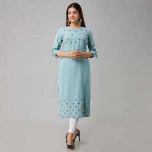 Aariya Designs - Sky Blue Colored Casual Floral Embroidered Cotton Kurti - Peachmode