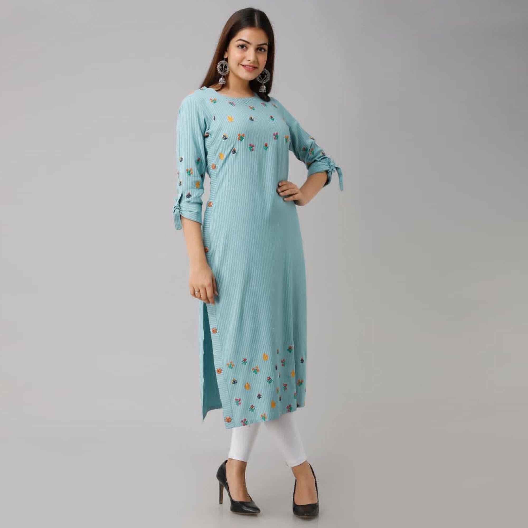 Aariya Designs - Sky Blue Colored Casual Floral Embroidered Cotton Kurti - Peachmode