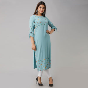 Aariya Designs - Sky Blue Colored Casual Floral Embroidered Cotton Kurti - Peachmode