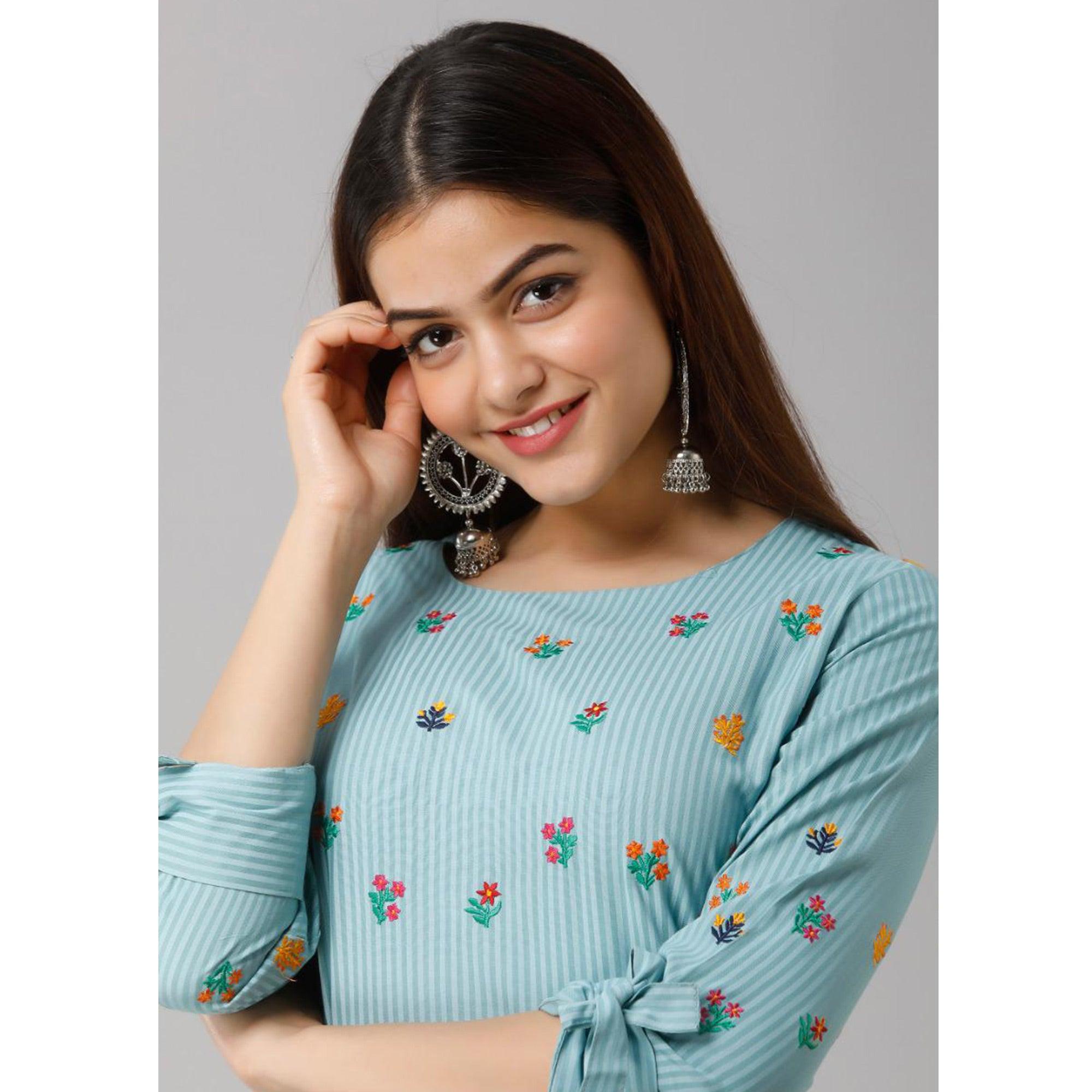 Aariya Designs - Sky Blue Colored Casual Floral Embroidered Cotton Kurti - Peachmode
