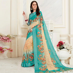 Adorable Beige Colored Casual Floral Digital Printed Linen Saree - Peachmode