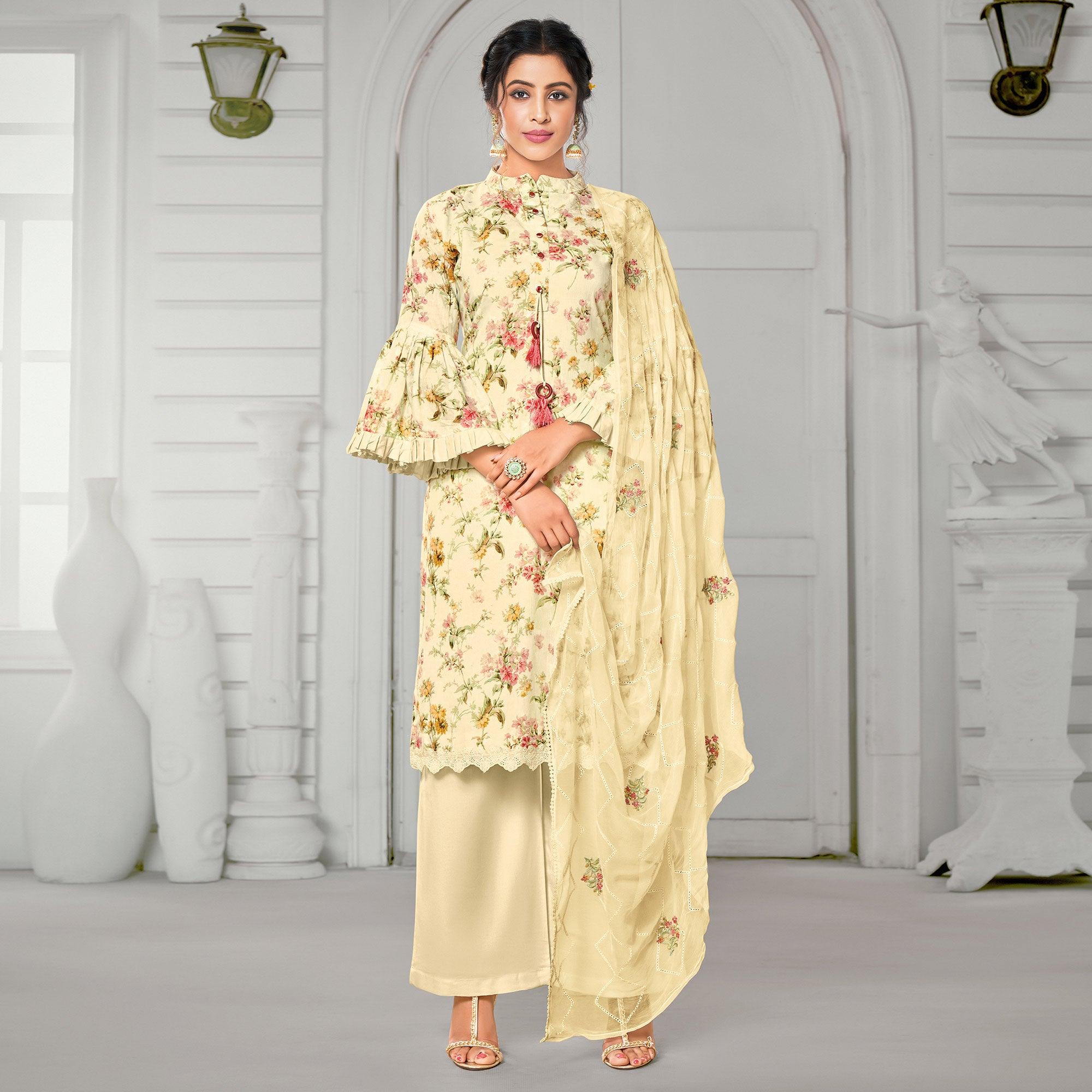 Adorable Beige Colored Casual Wear Digital Printed Cotton Dress Material - Peachmode